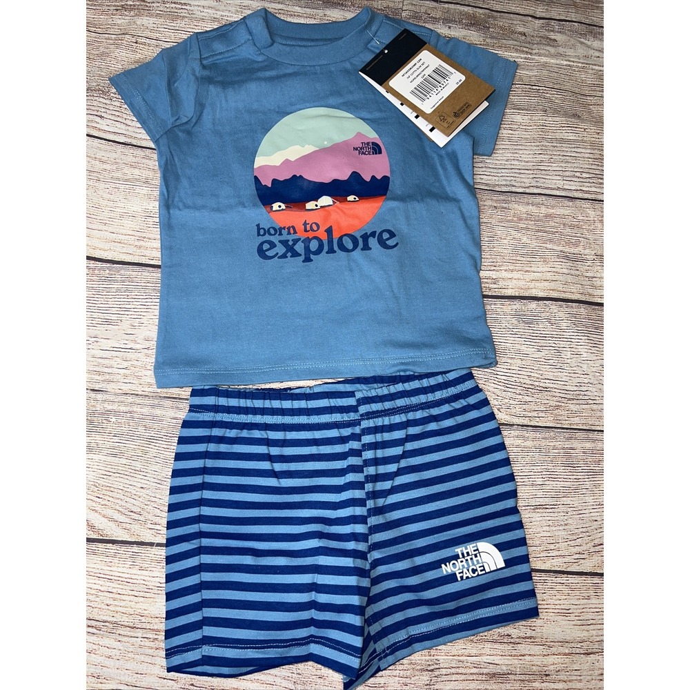 North Face 12 Months Born to Explore Blue Cotton Summer Set Outfit NEW